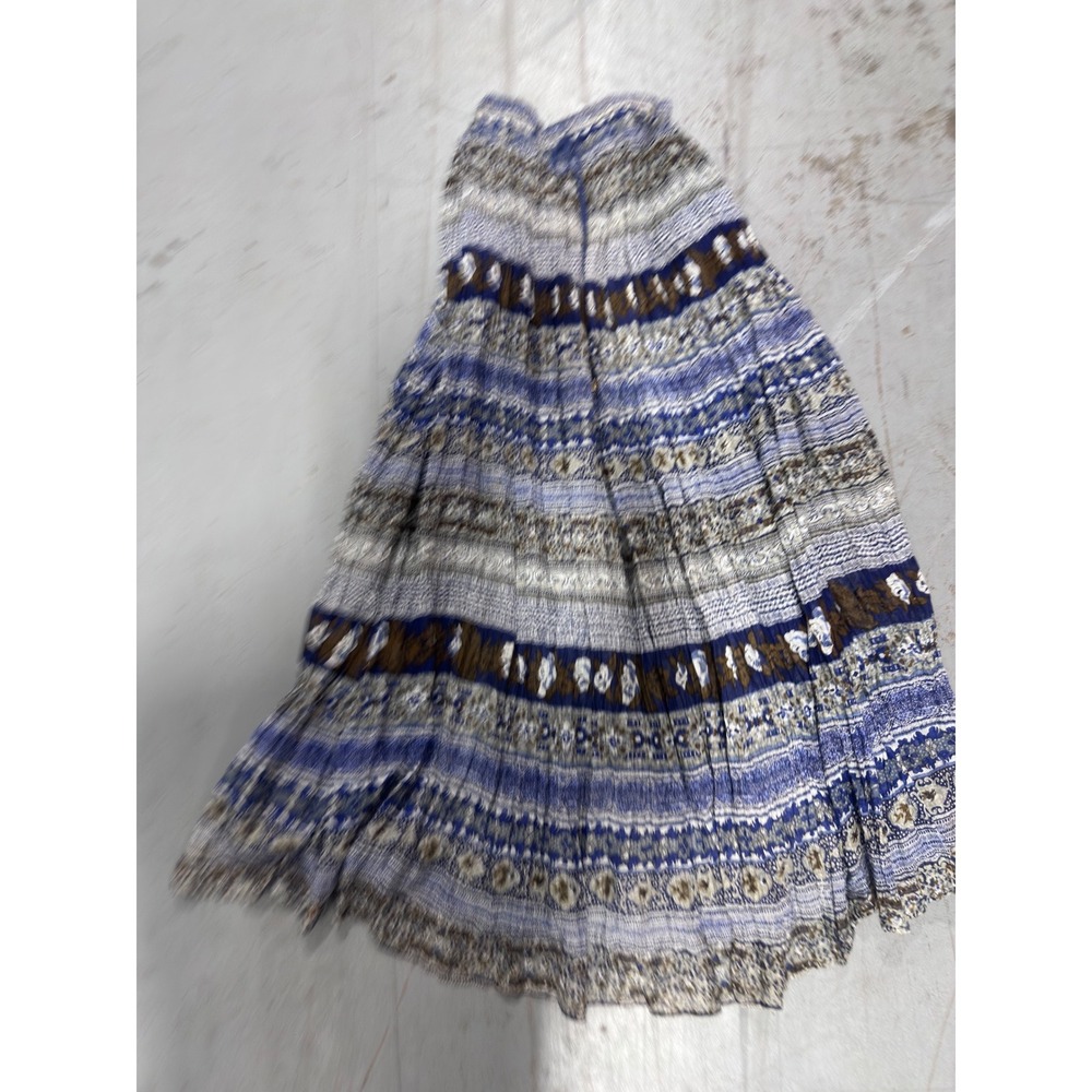 Short Circuit Blue Brown Boho Block Print Cotton Broomstick Maxi Skirt One Size